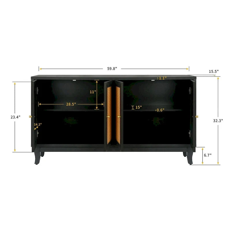 Handcrafted Premium Grain Panels Rattan Sideboard Buffet Cabinet with 4 Rattan Doors