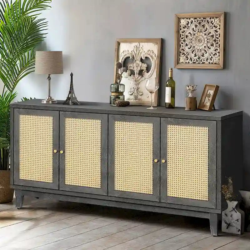 Handcrafted Premium Grain Panels Rattan Sideboard Buffet Cabinet with 4 Rattan Doors