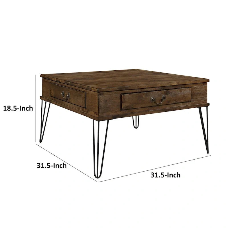 32 Inch Square Cocktail Coffee Table, 2 Drawers, Brown Wood, Black