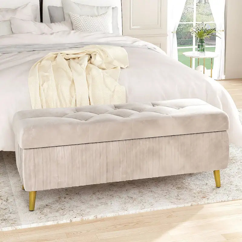 Panca contenitore moderna con lavorazione capitonné, imbottita in velluto e con bottoni, perfetta per camera da letto, soggiorno o ingresso