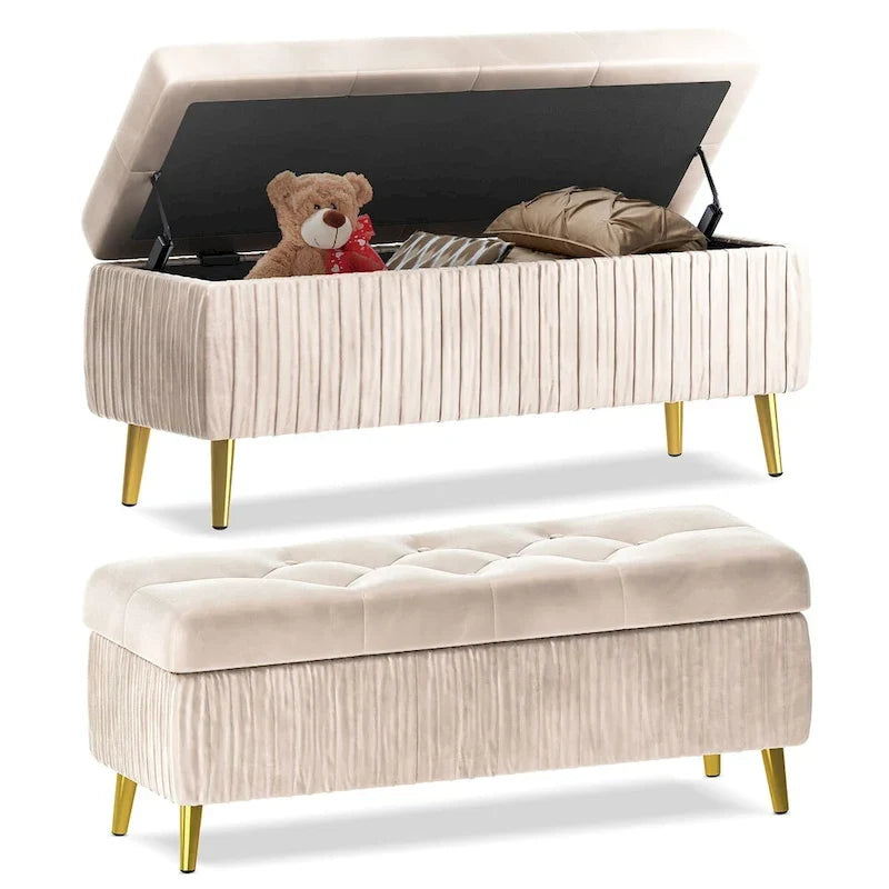 Panca contenitore moderna con lavorazione capitonné, imbottita in velluto e con bottoni, perfetta per camera da letto, soggiorno o ingresso