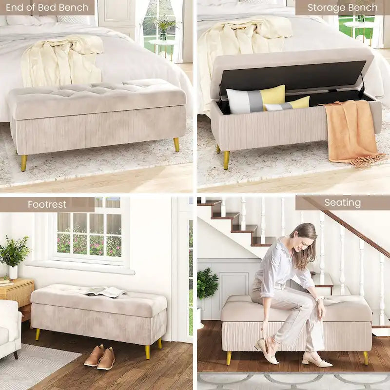 Panca contenitore moderna con lavorazione capitonné, imbottita in velluto e con bottoni, perfetta per camera da letto, soggiorno o ingresso