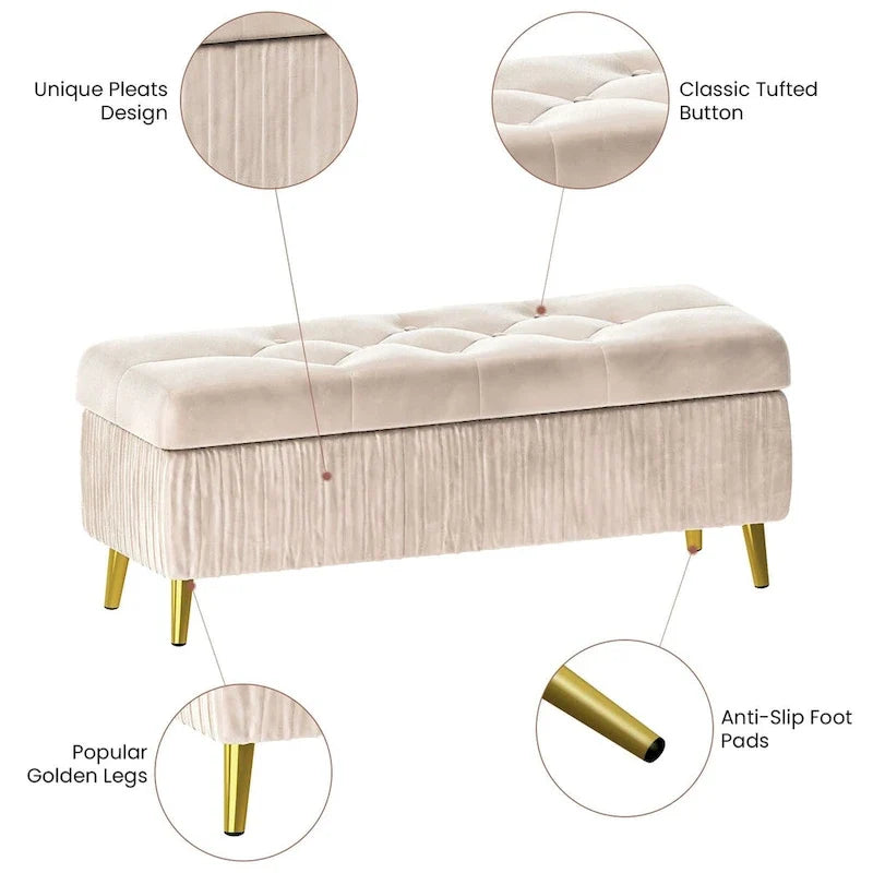 Panca contenitore moderna con lavorazione capitonné, imbottita in velluto e con bottoni, perfetta per camera da letto, soggiorno o ingresso