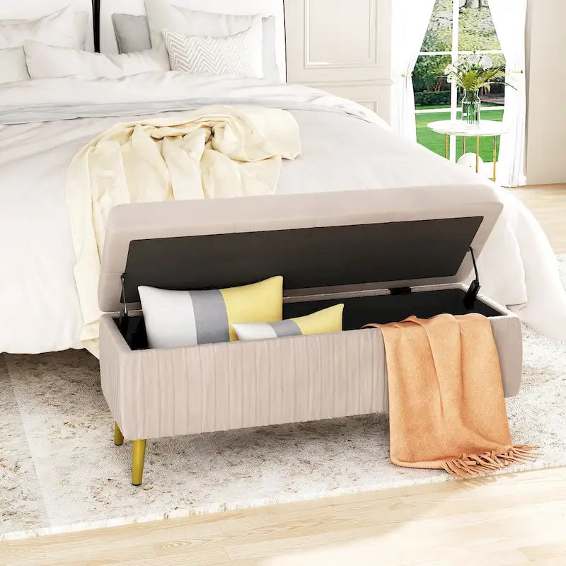 Panca contenitore moderna con lavorazione capitonné, imbottita in velluto e con bottoni, perfetta per camera da letto, soggiorno o ingresso
