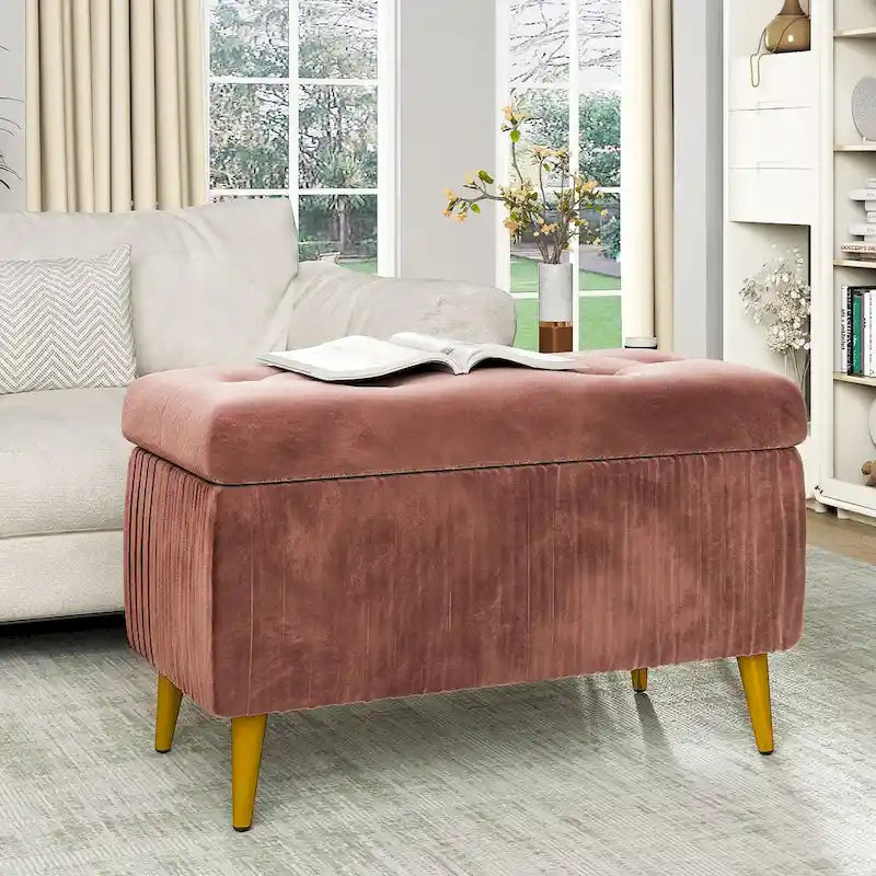 Panca contenitore moderna con lavorazione capitonné, imbottita in velluto e con bottoni, perfetta per camera da letto, soggiorno o ingresso