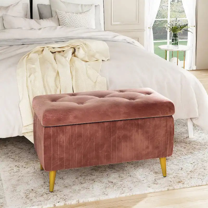 Panca contenitore moderna con lavorazione capitonné, imbottita in velluto e con bottoni, perfetta per camera da letto, soggiorno o ingresso