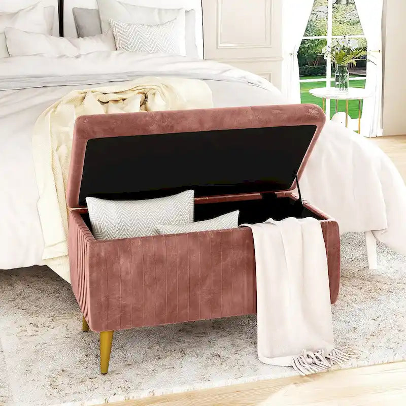 Panca contenitore moderna con lavorazione capitonné, imbottita in velluto e con bottoni, perfetta per camera da letto, soggiorno o ingresso