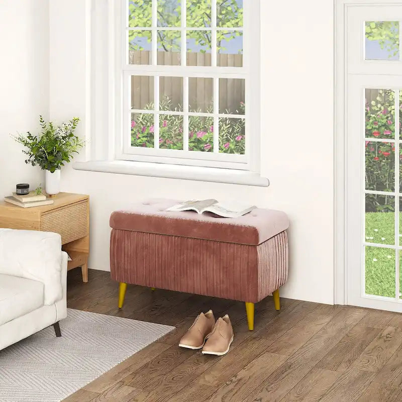 Panca contenitore moderna con lavorazione capitonné, imbottita in velluto e con bottoni, perfetta per camera da letto, soggiorno o ingresso