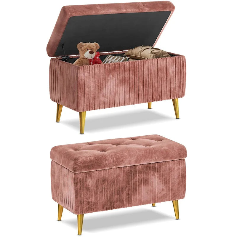 Panca contenitore moderna con lavorazione capitonné, imbottita in velluto e con bottoni, perfetta per camera da letto, soggiorno o ingresso