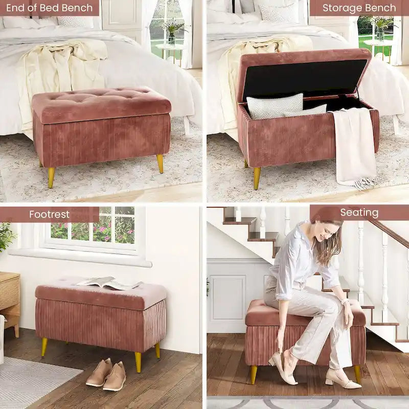 Panca contenitore moderna con lavorazione capitonné, imbottita in velluto e con bottoni, perfetta per camera da letto, soggiorno o ingresso