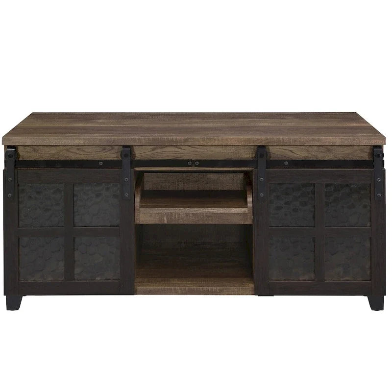 Stolik kawowy w rustykalnym wykończeniu dębowo-czarnym z matowym szkłem - 47L X 24W X 23H