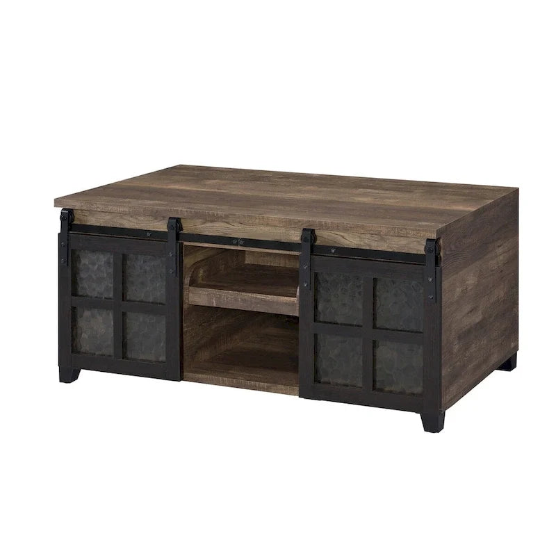 Rustic Oak & Black Finish Coffee Table with Obscure Glass - 47L X 24W X 23H