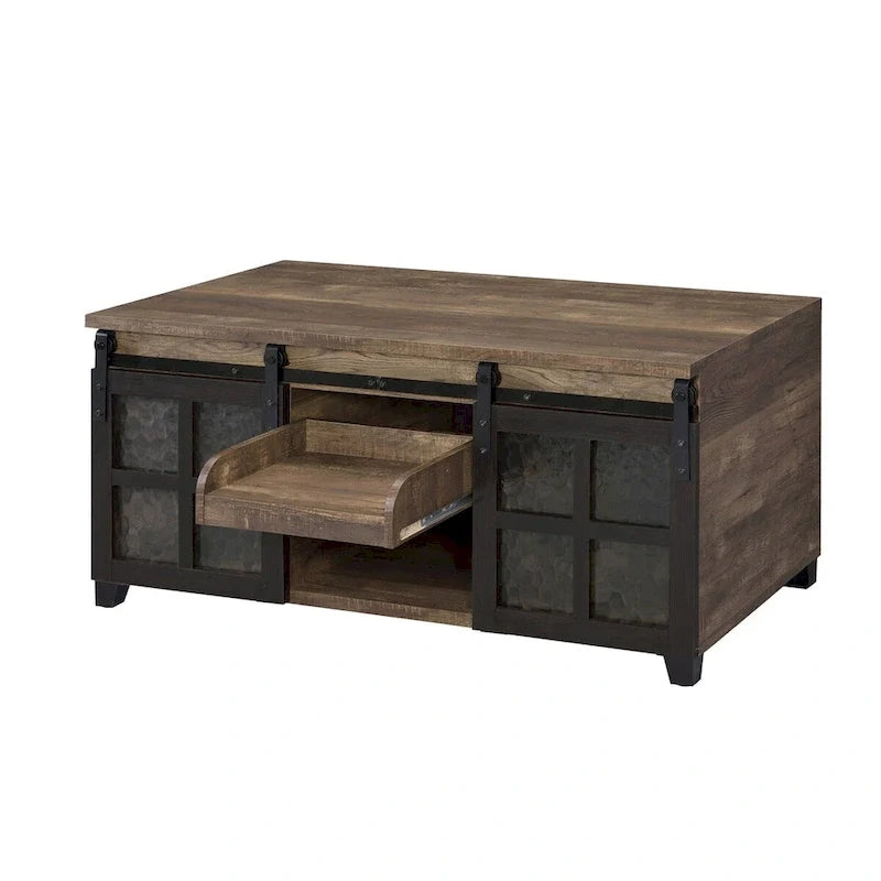 Stolik kawowy w rustykalnym wykończeniu dębowo-czarnym z matowym szkłem - 47L X 24W X 23H