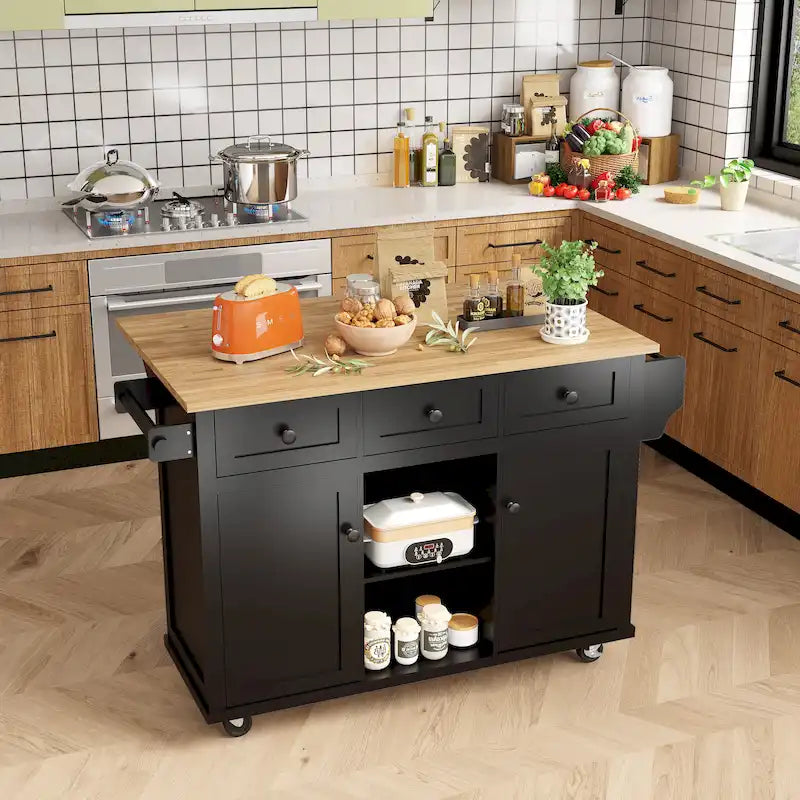 Isola da cucina su 5 ruote con mobile contenitore e 3 cassetti