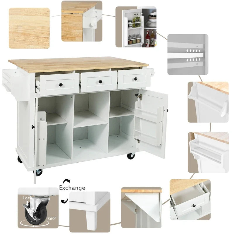 Kitchen Island on 5 Wheels with Storage Cabinet and 3 Drawers