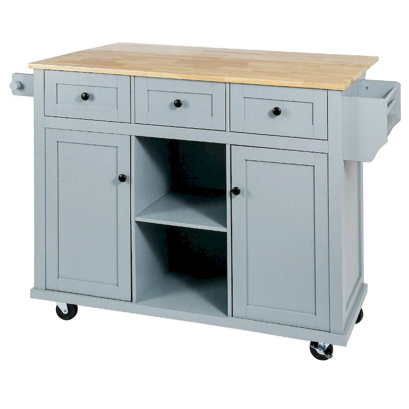 Kitchen Island on 5 Wheels with Storage Cabinet and 3 Drawers
