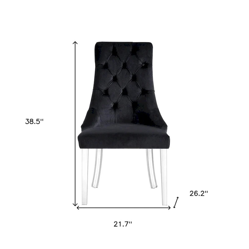 Set di due sedie laterali da pranzo imbottite in velluto nero e trasparente, con bottoni