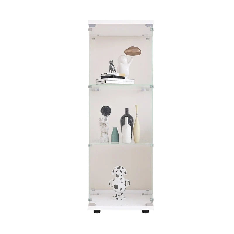 Glass Display Cabinet with 3 Shelves, One-Door Curio Cabinets, White Floor Standing Glass Bookshelf, Quick Installation