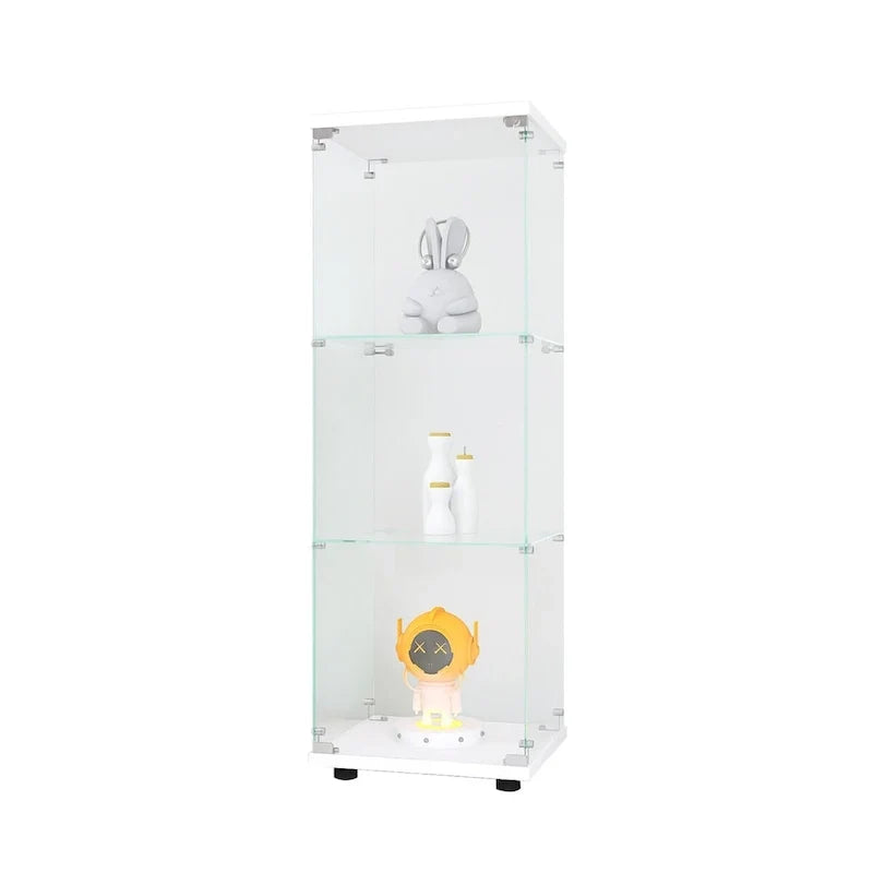 Glass Display Cabinet with 3 Shelves, One-Door Curio Cabinets, White Floor Standing Glass Bookshelf, Quick Installation