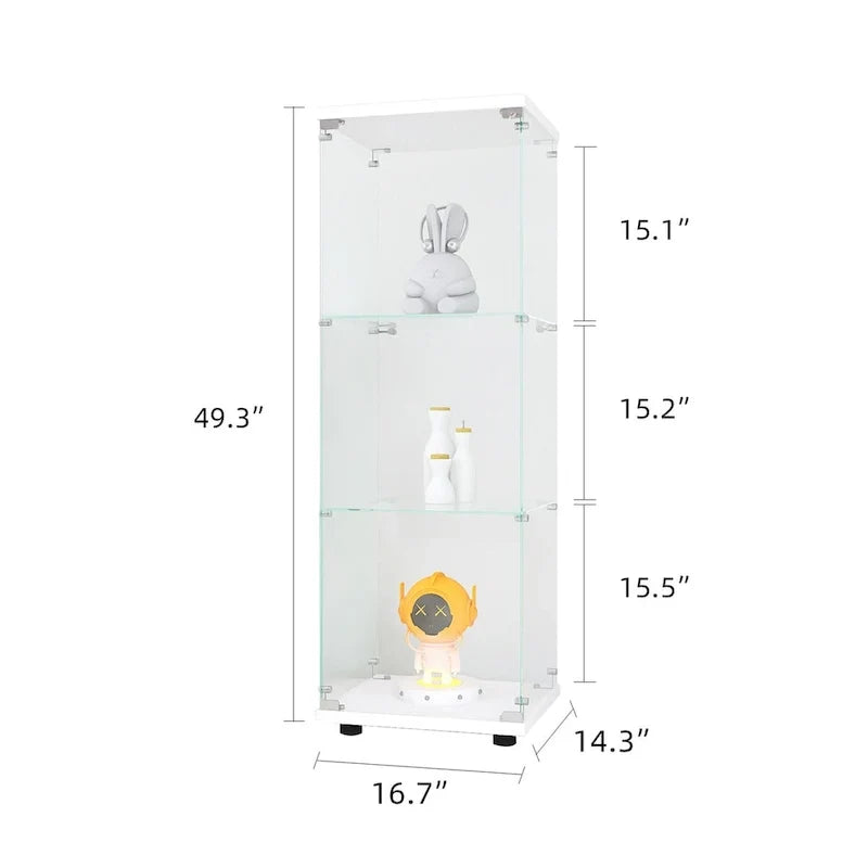 Glass Display Cabinet with 3 Shelves, One-Door Curio Cabinets, White Floor Standing Glass Bookshelf, Quick Installation