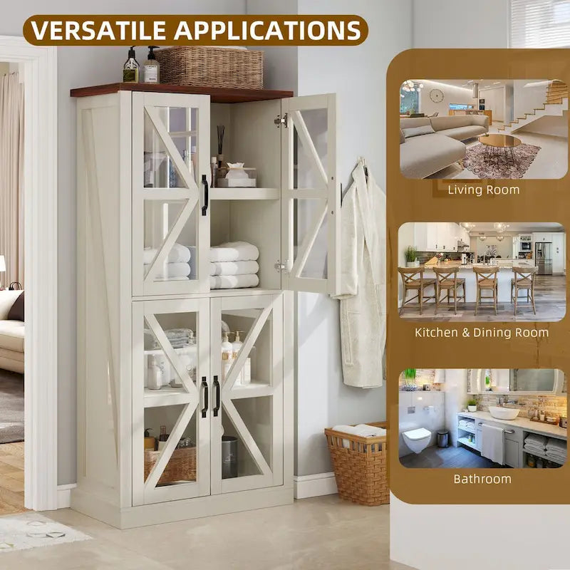 66 Tall Freestanding Kitchen Pantry Cabinet with Glass Doors