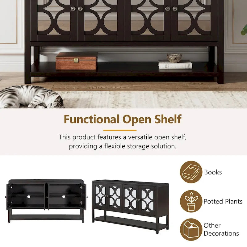 Elegancka konsola w stylu retro/szafka do przechowywania/kredens z lustrzanymi drzwiczkami, przestronnymi półkami i nogami z trwałego drewna akacjowego