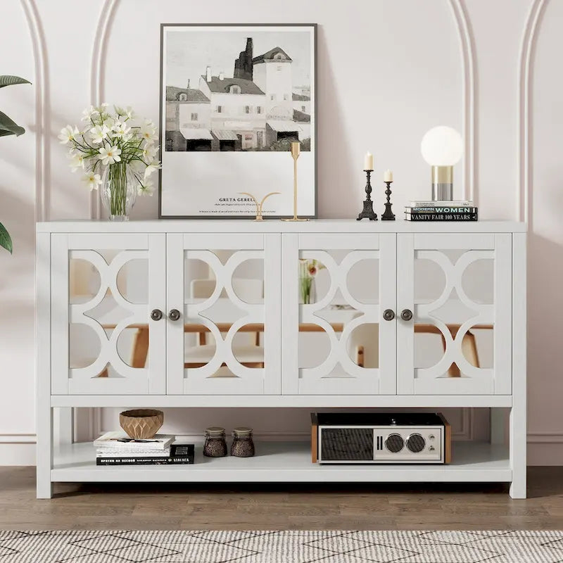 Elegancka konsola w stylu retro/szafka do przechowywania/kredens z lustrzanymi drzwiczkami, przestronnymi półkami i nogami z trwałego drewna akacjowego